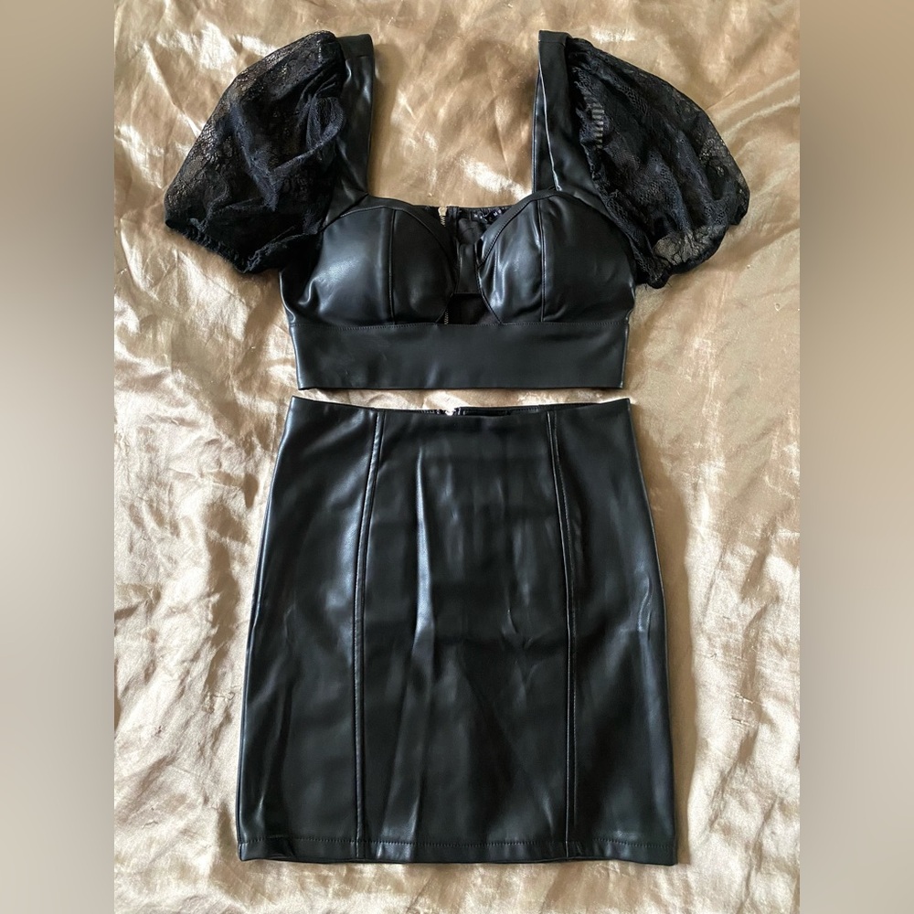 Black Faux Leather Crop Top and Skirt Set